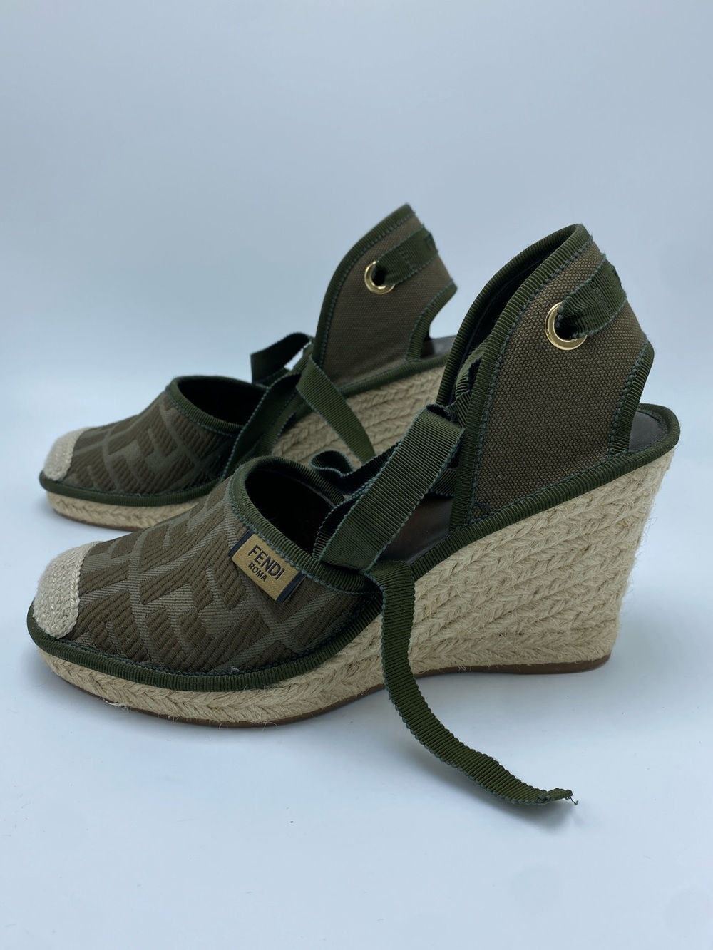 Fendi 36.5 / 6.5 Olive Green Canvas Espadrille Wedge Sandals